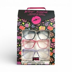 3 pair Betsey Johnson reading glasses +2.00 oversized pastel colors
